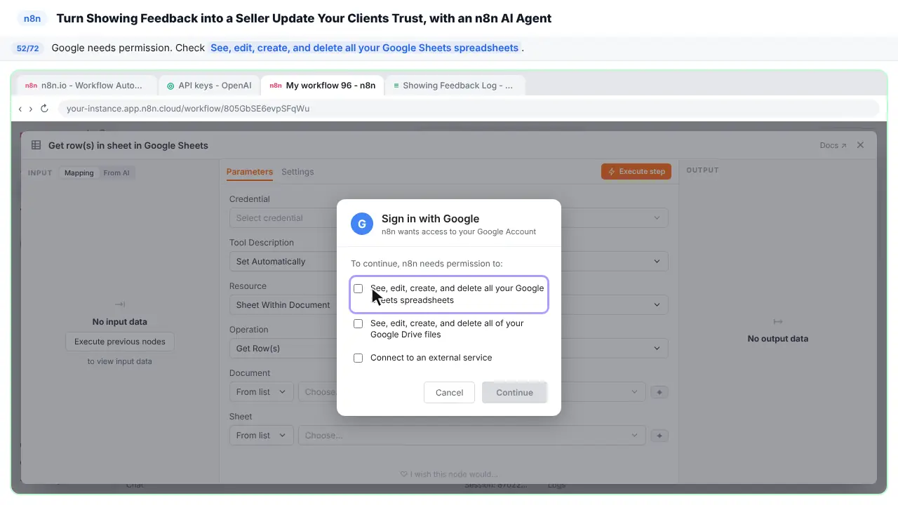 An n8n node’s settings window in Stepthrough’s practice copy, step 52 of 72 (Allow Sheets access): the cursor is on “See, edit, create, and delete all your Google Sheets…”, highlighted.