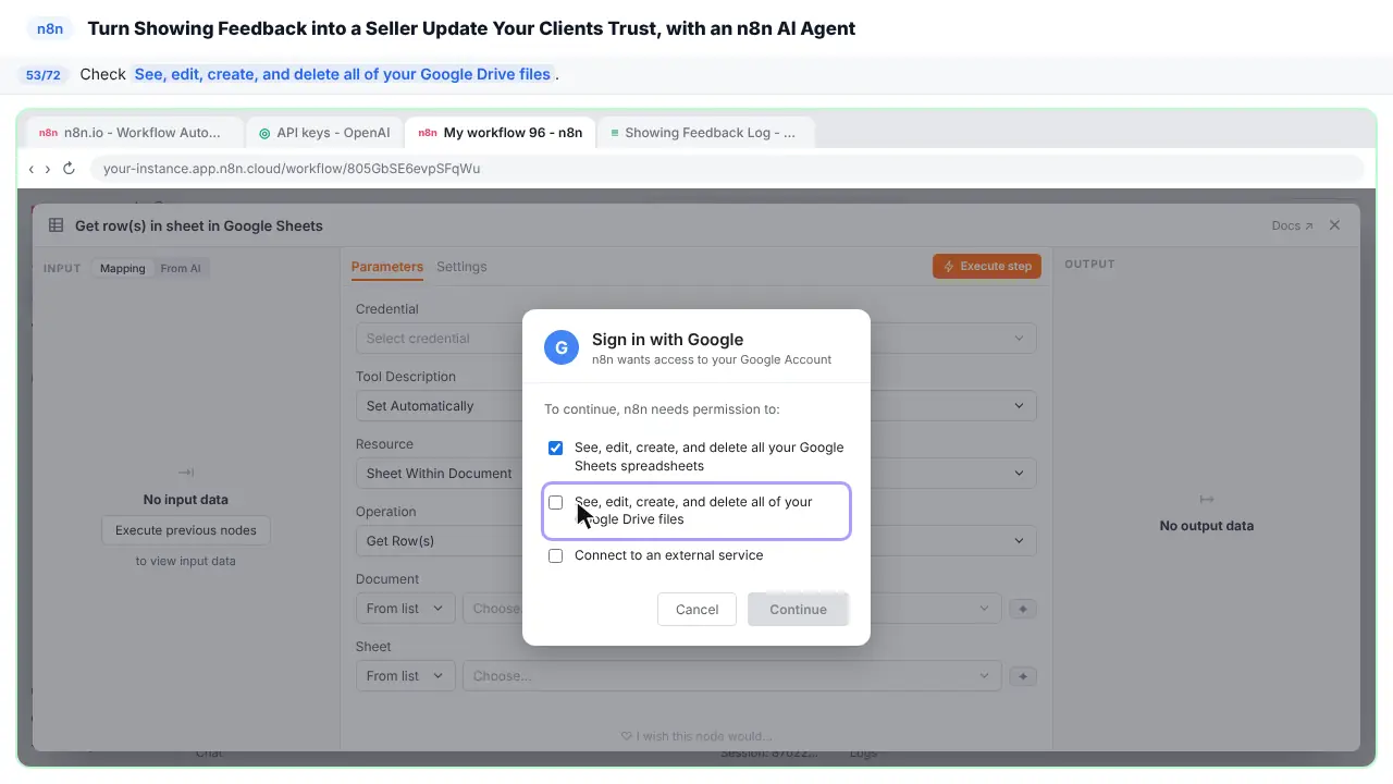 An n8n node’s settings window in Stepthrough’s practice copy, step 53 of 72 (Allow Drive access): the cursor is on “See, edit, create, and delete all of your Google Drive files”, highlighted.