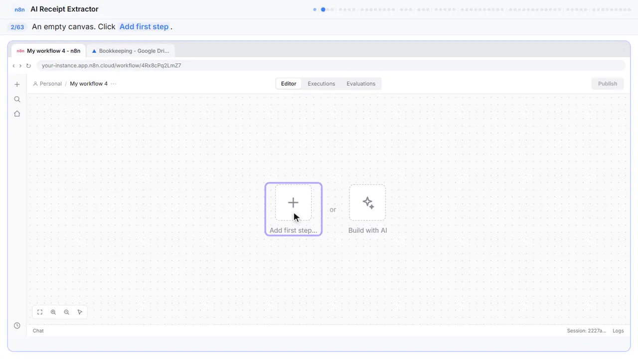 The n8n workflow canvas in Stepthrough’s practice copy, step 2 of 63 (Add the first step): the cursor is on “Add first step”, highlighted.