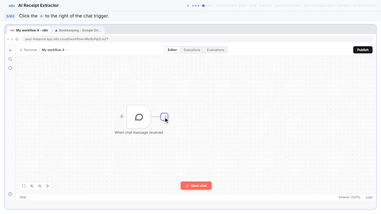 The n8n workflow canvas in Stepthrough’s practice copy, step 5 of 63 (Add the next step): the cursor is on “+”, highlighted.