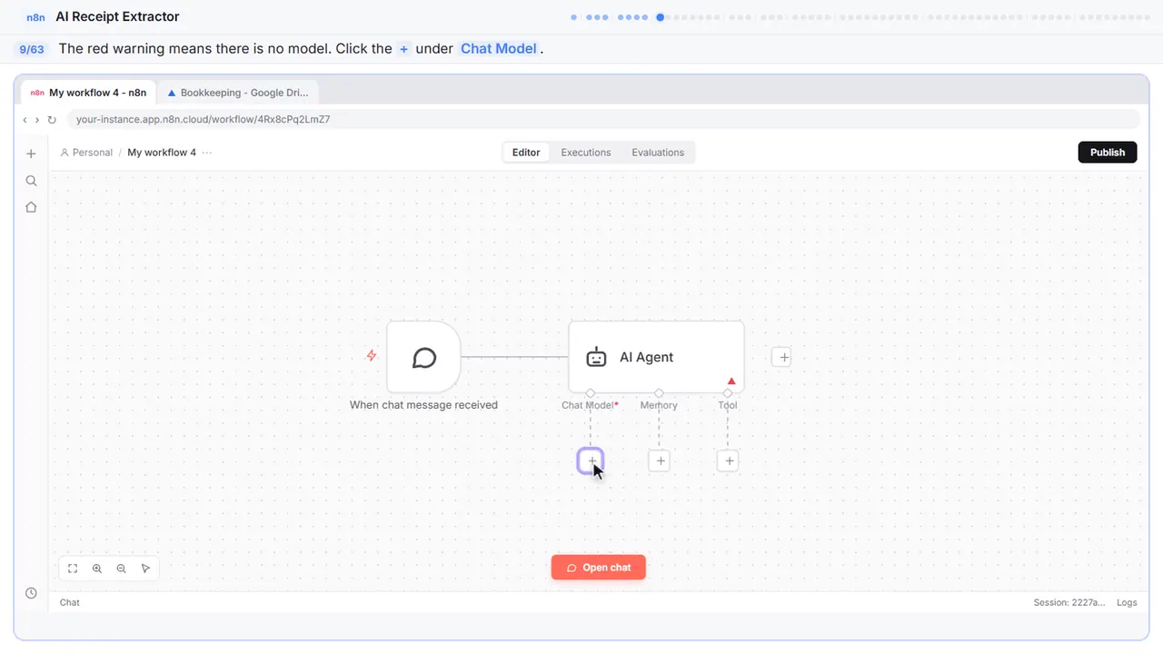 The n8n workflow canvas in Stepthrough’s practice copy, step 9 of 63 (Give it a brain): the cursor is on “+”, highlighted.