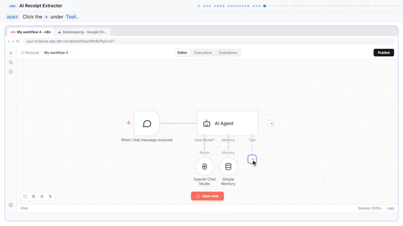 The n8n workflow canvas in Stepthrough’s practice copy, step 20 of 63 (Add a tool): the cursor is on “+”, highlighted.