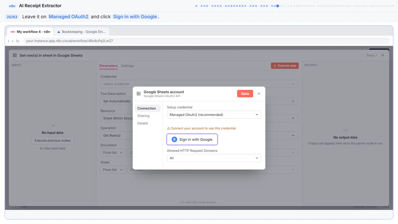 The Google sign-in window in Stepthrough’s practice copy, step 25 of 63 (Sign in with Google): the cursor is on “Managed OAuth2”, highlighted.