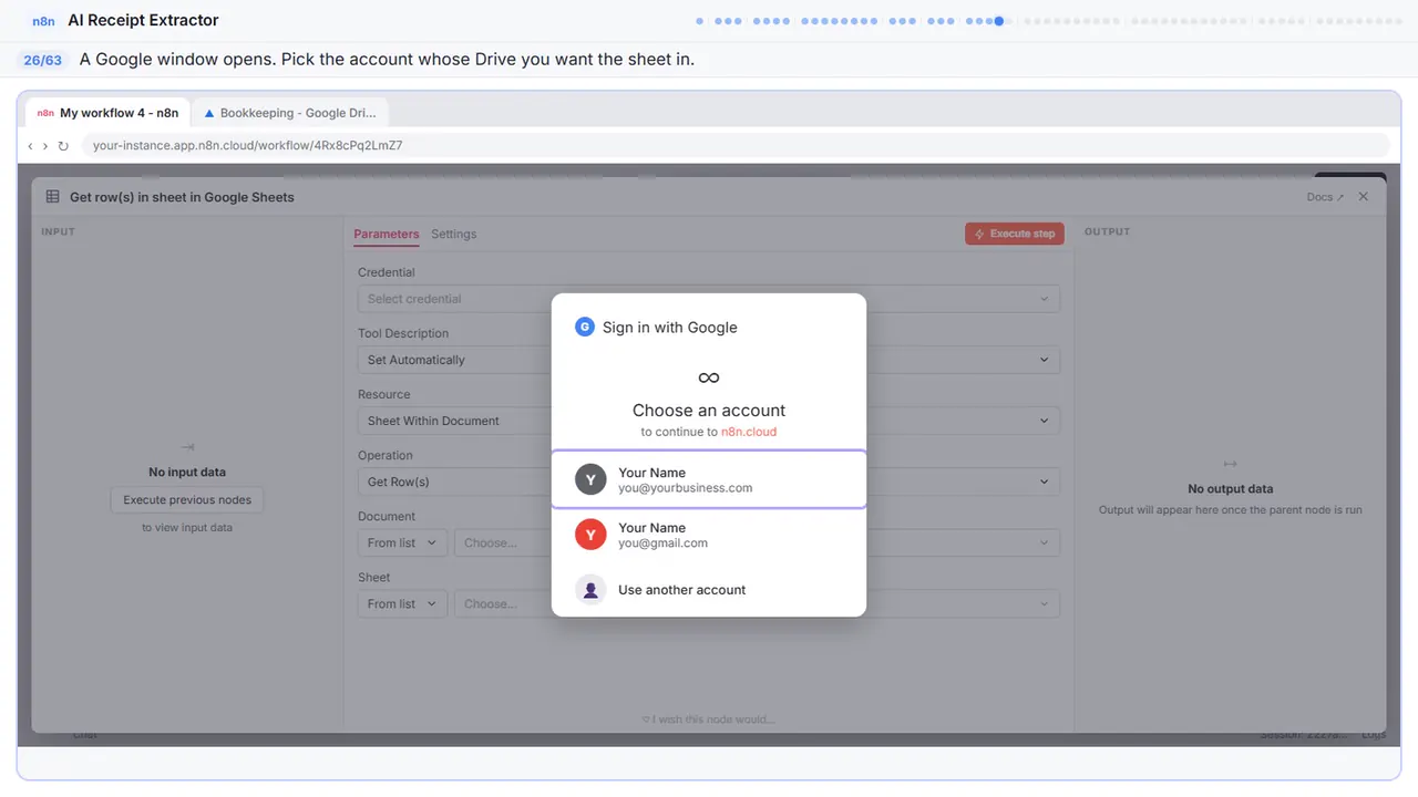 The Google sign-in window in Stepthrough’s practice copy, step 26 of 63 (Pick your account): the cursor is on “your account”, highlighted.