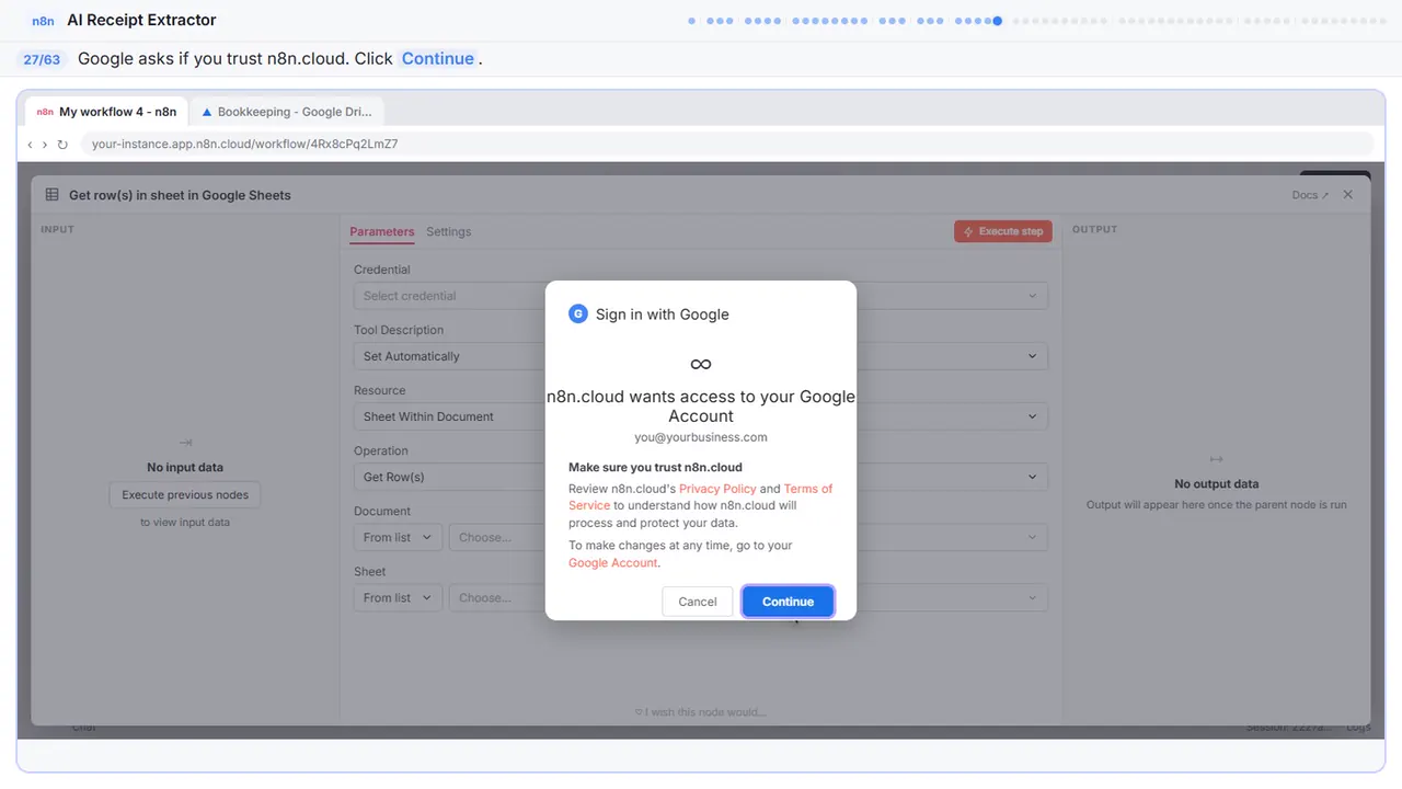 The Google sign-in window in Stepthrough’s practice copy, step 27 of 63 (Allow access): the cursor is on “Continue”, highlighted.