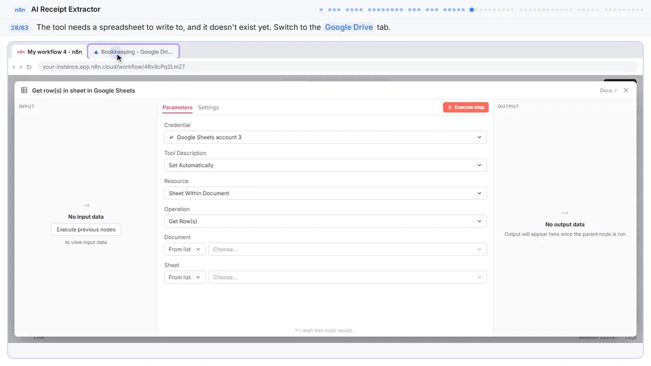 The Google sign-in window in Stepthrough’s practice copy, step 28 of 63 (Go to Google Drive): the cursor is on “Google Drive”, highlighted.