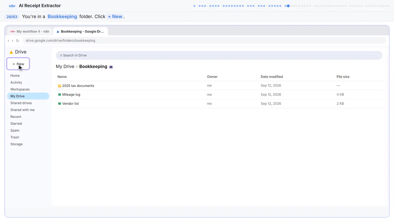 Google Drive in Stepthrough’s practice copy, step 29 of 63 (New): the cursor is on “Bookkeeping”, highlighted.
