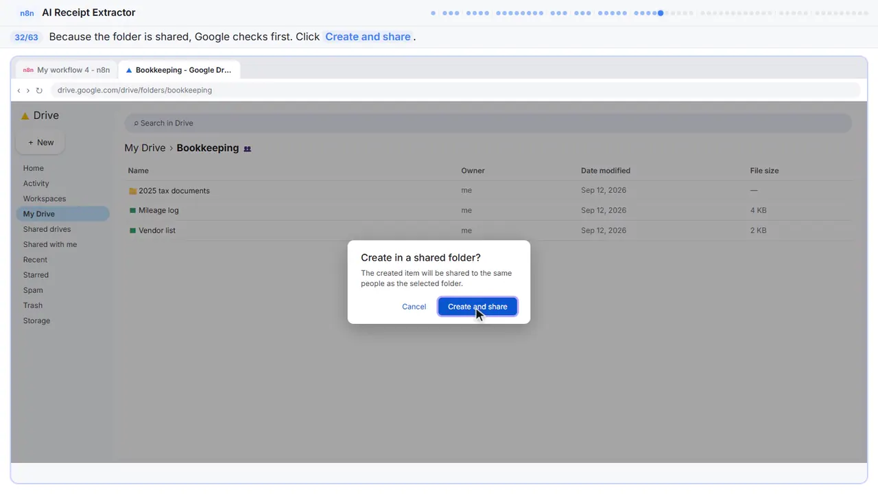Google Drive in Stepthrough’s practice copy, step 32 of 63 (Create and share): the cursor is on “Create and share”, highlighted.