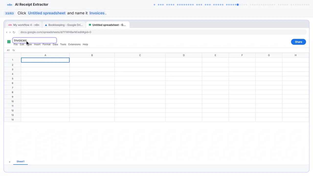 Google Sheets in Stepthrough’s practice copy, step 33 of 63 (Name it): the untitled spreadsheet is filled in (“Invoices”).