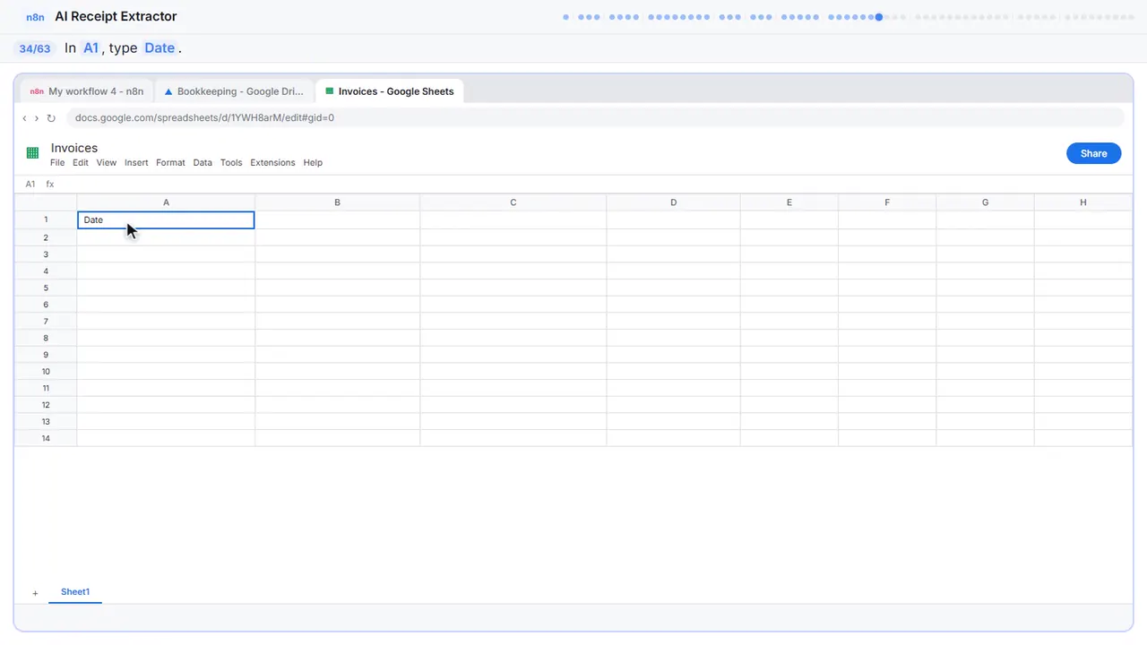 Google Sheets in Stepthrough’s practice copy, step 34 of 63 (Header: Date): the a1 is filled in (“Date”).