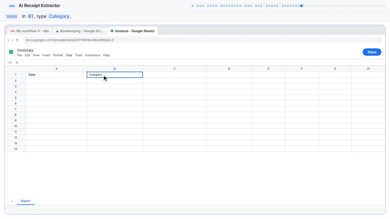 Google Sheets in Stepthrough’s practice copy, step 35 of 63 (Header: Category): the b1 is filled in (“Category”).