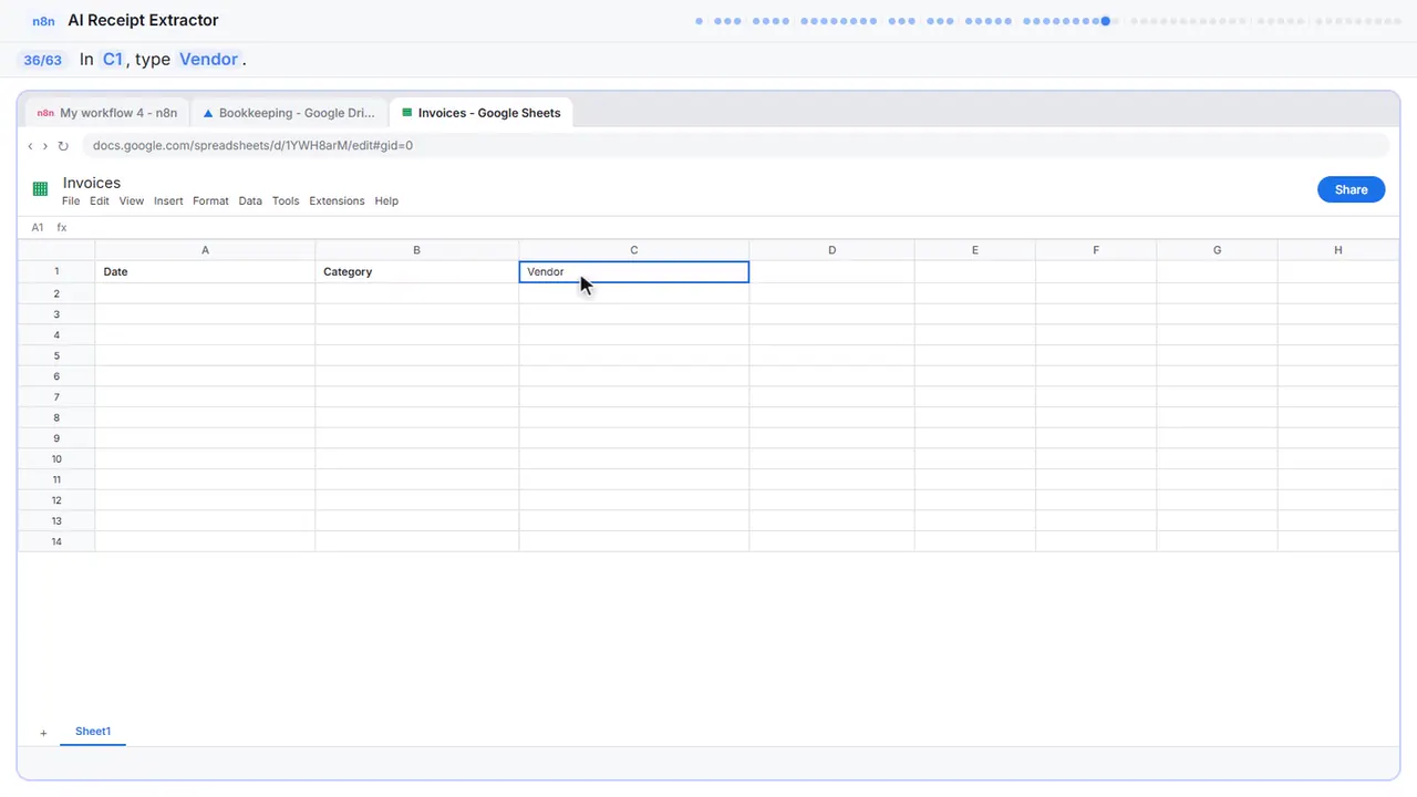 Google Sheets in Stepthrough’s practice copy, step 36 of 63 (Header: Vendor): the c1 is filled in (“Vendor”).