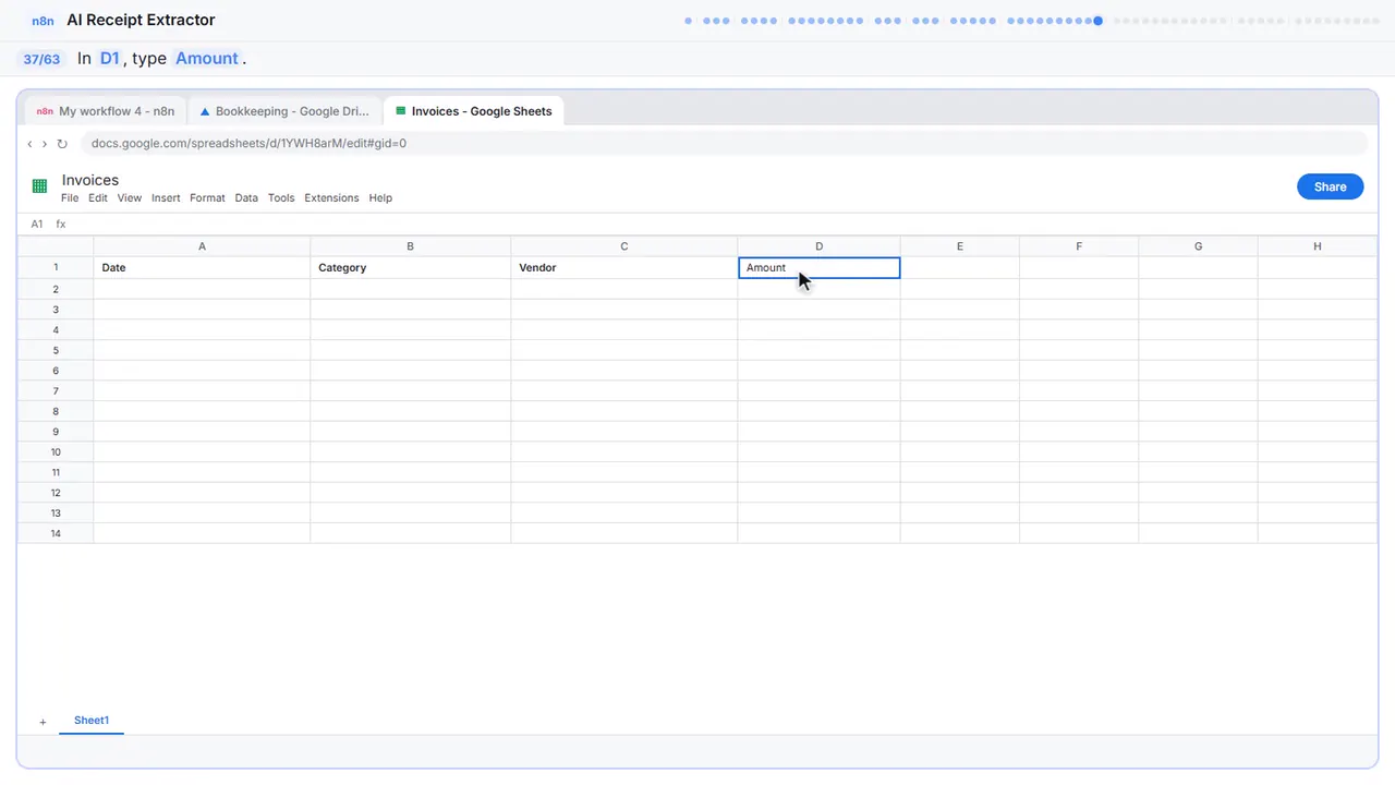 Google Sheets in Stepthrough’s practice copy, step 37 of 63 (Header: Amount): the d1 is filled in (“Amount”).