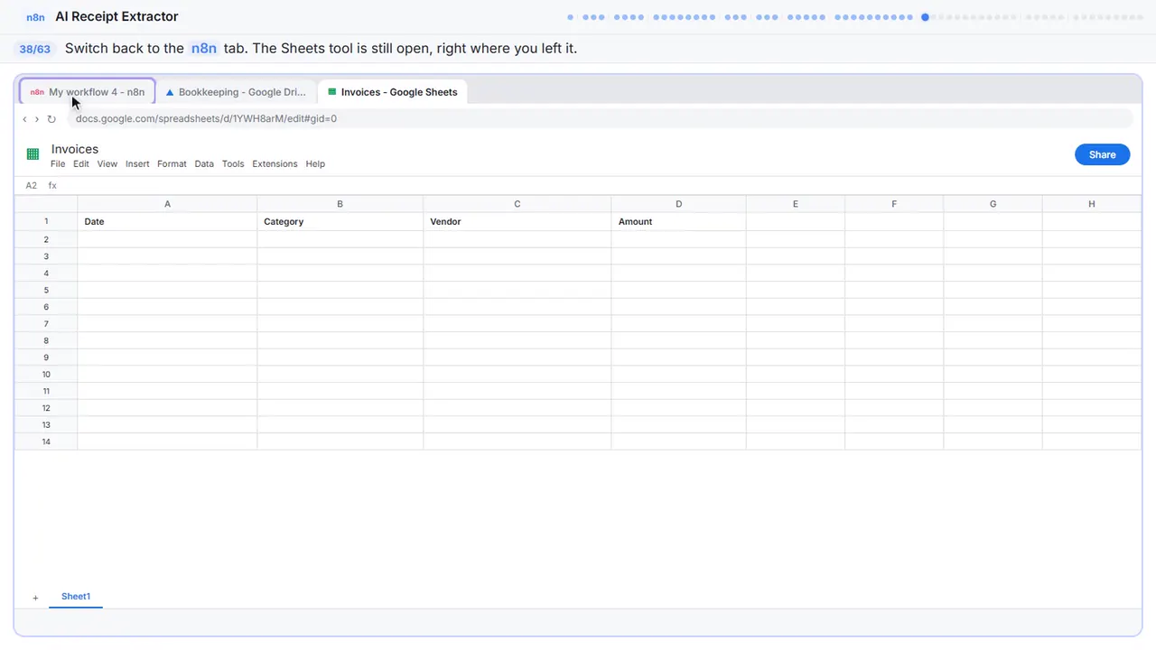 Google Sheets in Stepthrough’s practice copy, step 38 of 63 (Back to n8n): the cursor is on “n8n”, highlighted.