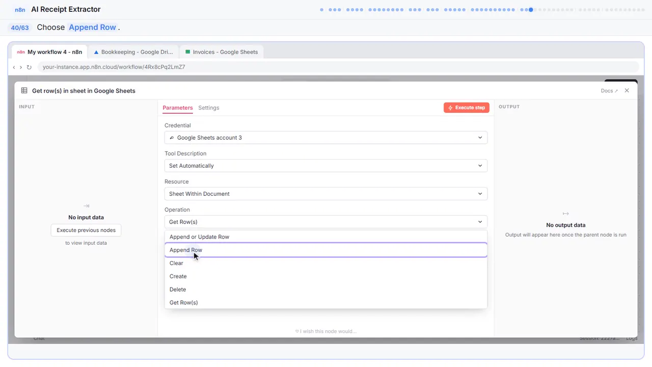 A dropdown menu in n8n in Stepthrough’s practice copy, step 40 of 63 (Append Row): the cursor is on “Append Row”, highlighted.