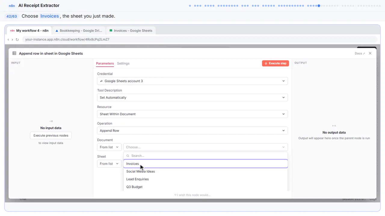 A dropdown menu in n8n in Stepthrough’s practice copy, step 42 of 63 (Invoices): the cursor is on “Invoices”, highlighted.