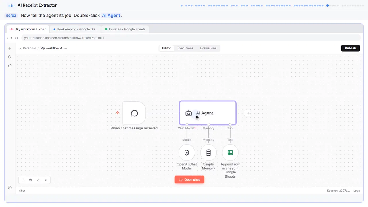 The n8n workflow canvas in Stepthrough’s practice copy, step 50 of 63 (Open the agent): the cursor is on “AI Agent”, highlighted.