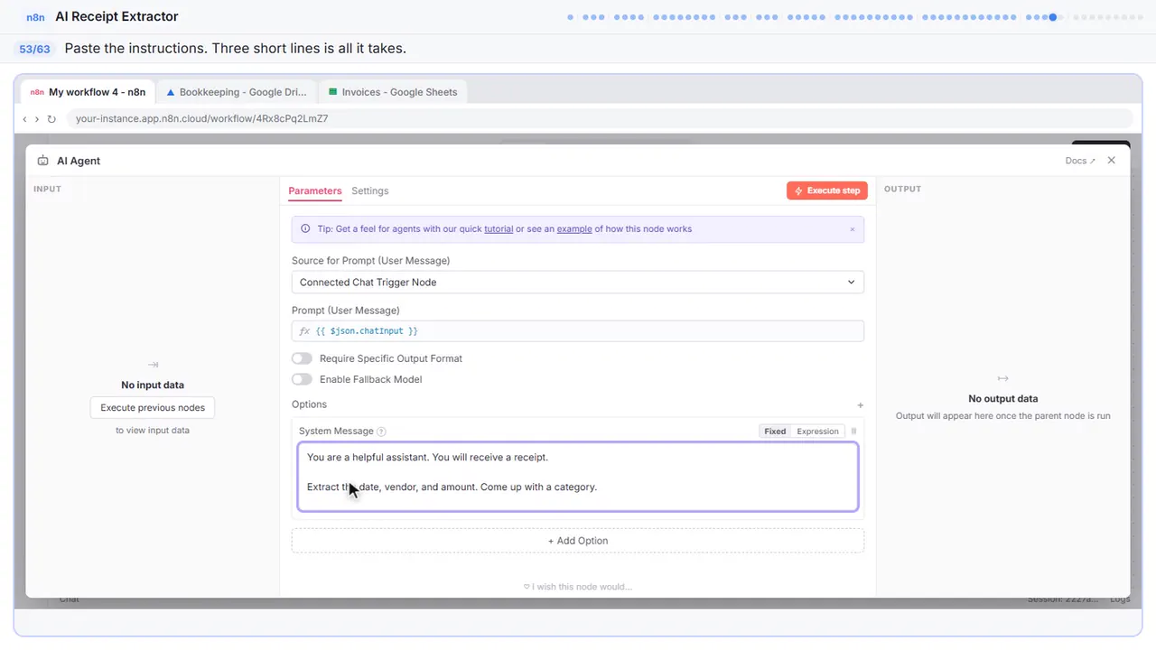 An n8n node’s settings window in Stepthrough’s practice copy, step 53 of 63 (Write the instructions): the instructions is filled in (“You are a helpful assistant. You will receive…”).
