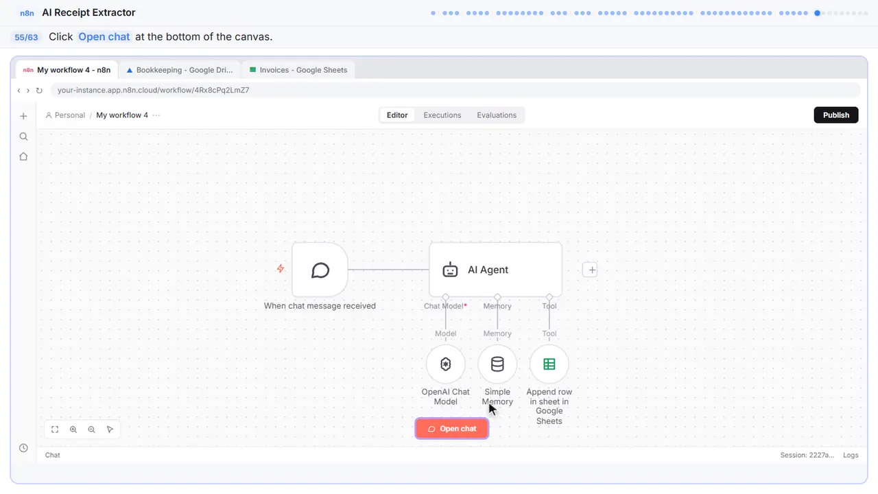 The n8n workflow editor in Stepthrough’s practice copy, step 55 of 63 (Open the chat): the cursor is on “Open chat”, highlighted.