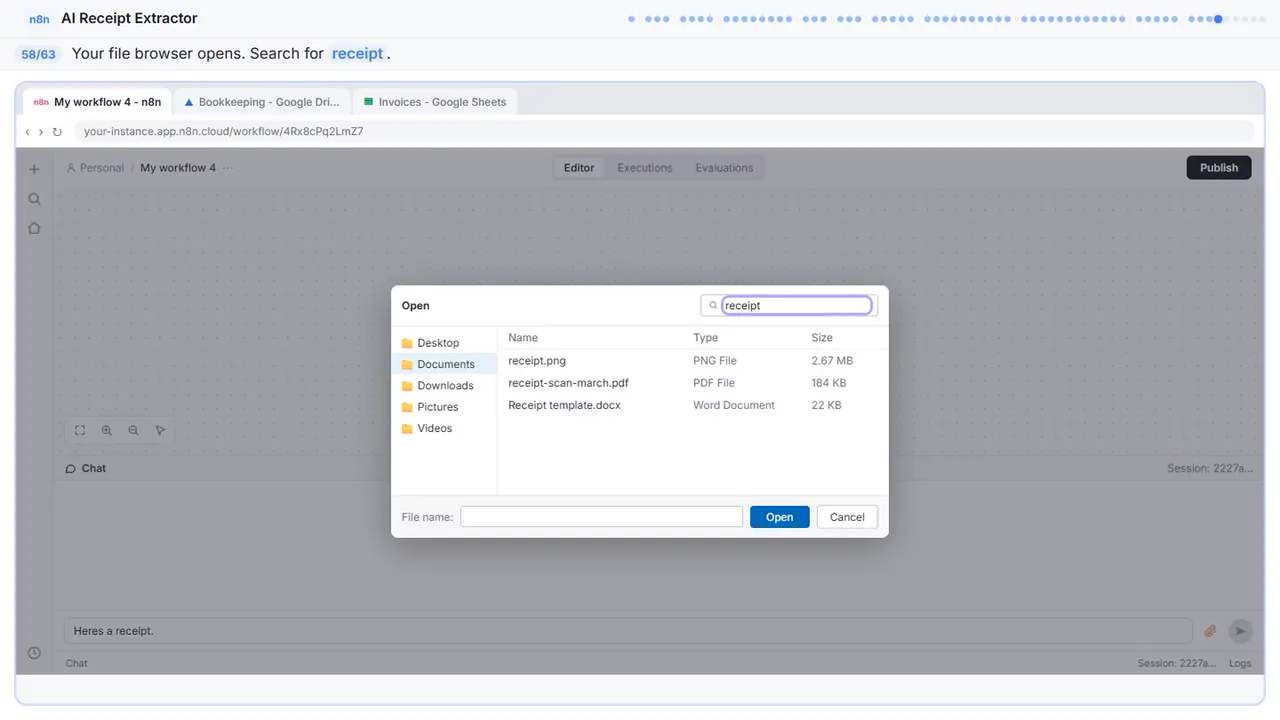 The file picker in Stepthrough’s practice copy, step 58 of 63 (Find it): the receipt is filled in (“receipt”).