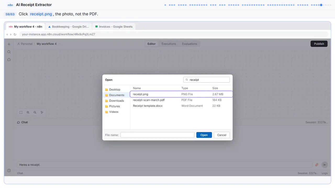 The file picker in Stepthrough’s practice copy, step 59 of 63 (receipt.png): the cursor is on “receipt.png”, highlighted.