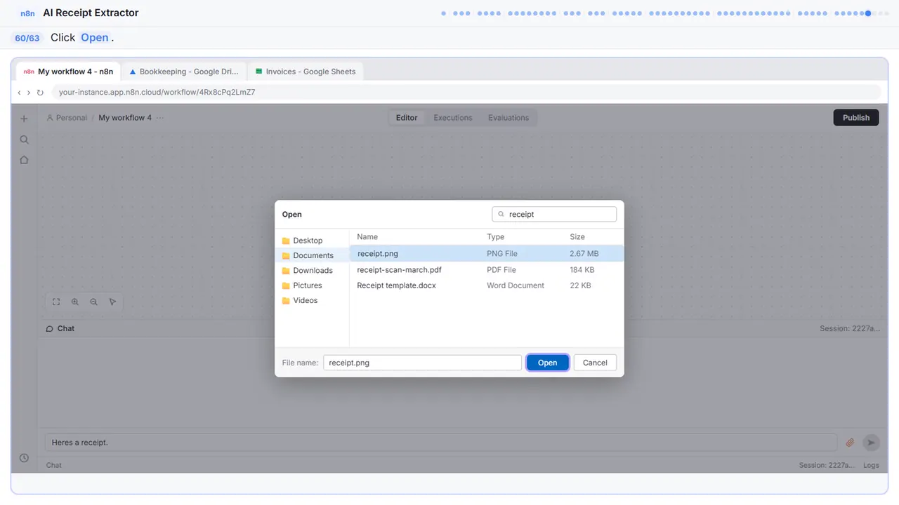The file picker in Stepthrough’s practice copy, step 60 of 63 (Open): the cursor is on “Open”, highlighted.