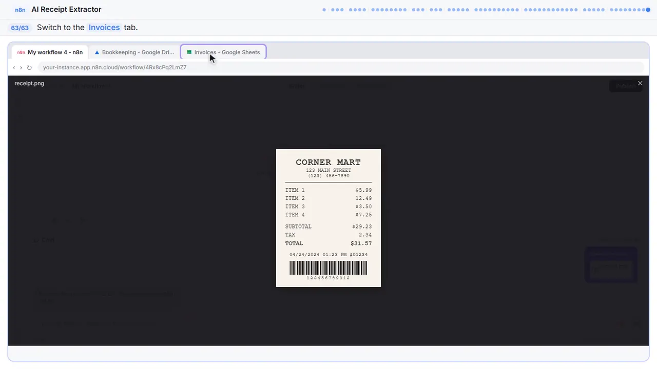 N8n in Stepthrough’s practice copy, step 63 of 63 (See the row): the cursor is on “Invoices”, highlighted.