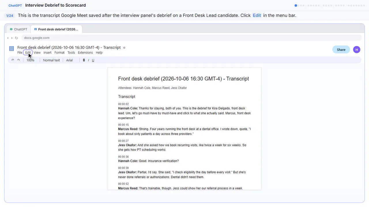 Google Docs in Stepthrough’s practice copy, step 1 of 24 (Open the Edit menu): the cursor is on “Edit”, highlighted.