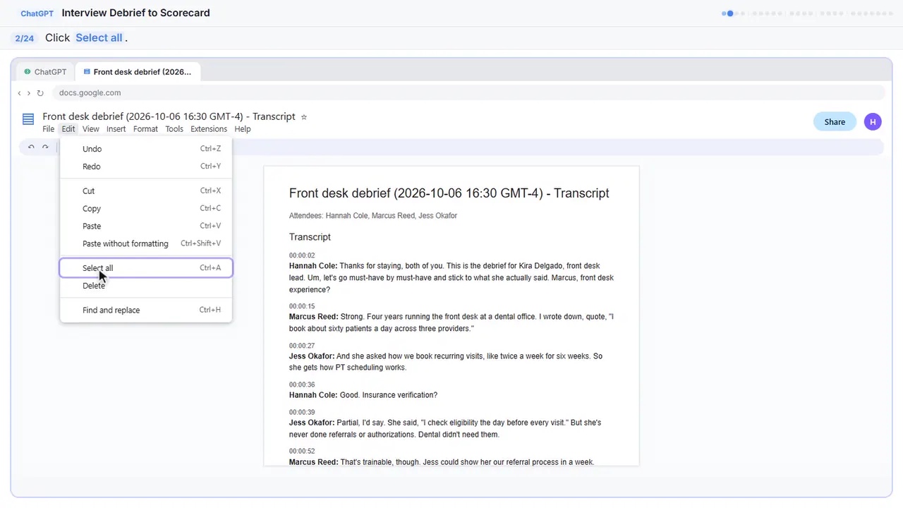 Google Docs in Stepthrough’s practice copy, step 2 of 24 (Select all): the cursor is on “Select all”, highlighted.
