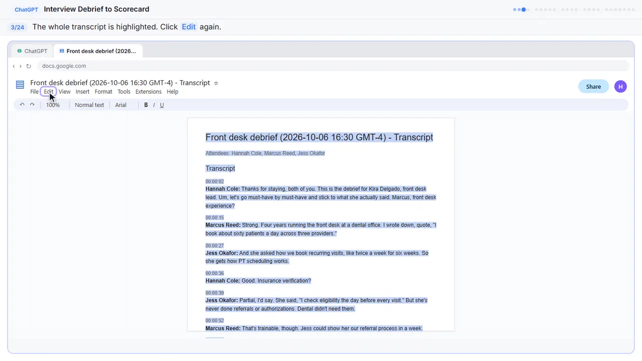 Google Docs in Stepthrough’s practice copy, step 3 of 24 (Open the Edit menu again): the cursor is on “Edit”, highlighted.