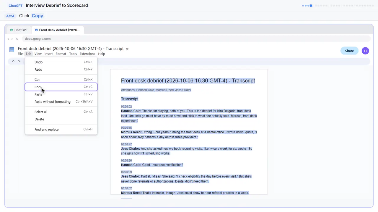 Google Docs in Stepthrough’s practice copy, step 4 of 24 (Copy it): the cursor is on “Copy”, highlighted.