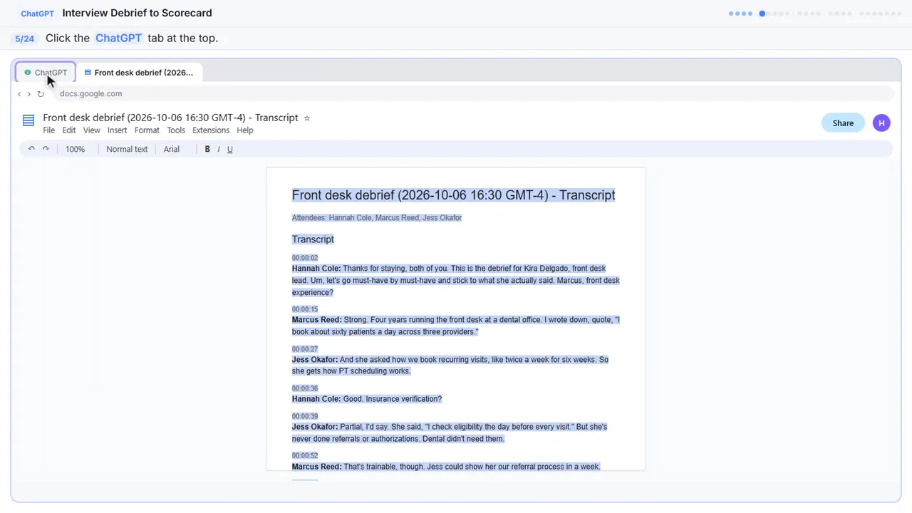 Google Docs in Stepthrough’s practice copy, step 5 of 24 (Switch to ChatGPT): the cursor is on “ChatGPT”, highlighted.