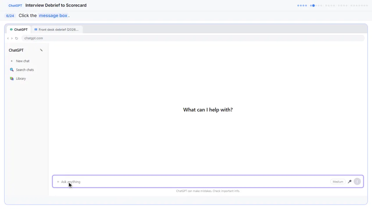 ChatGPT in Stepthrough’s practice copy, step 6 of 24 (Click the message box): the cursor is on “message box”, highlighted.