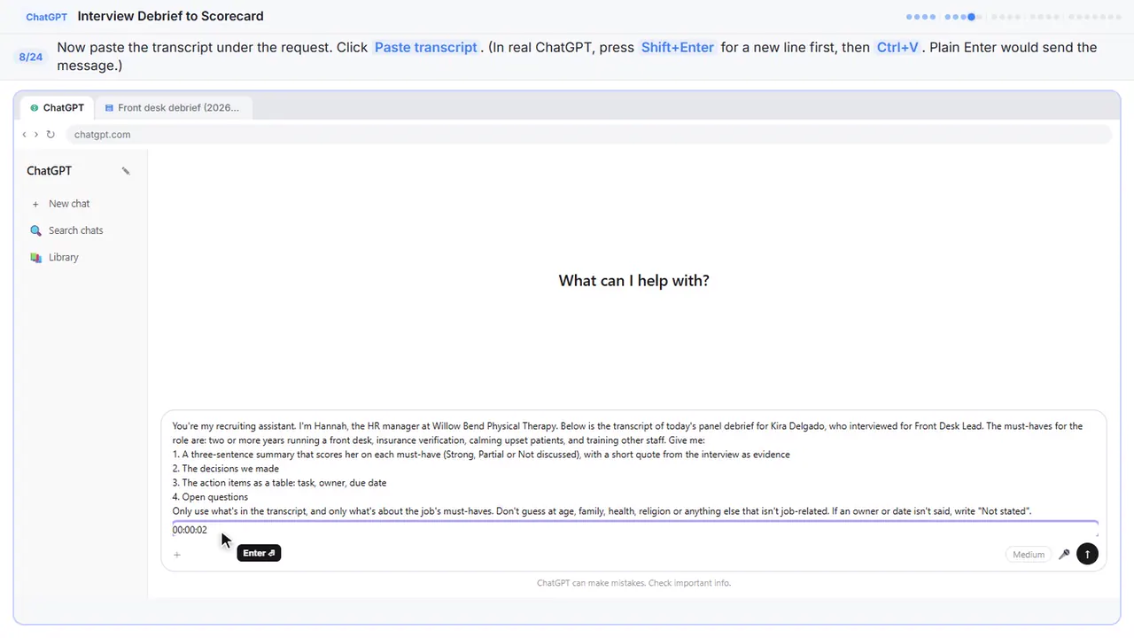 ChatGPT in Stepthrough’s practice copy, step 8 of 24 (Paste the transcript): the transcript is filled in (“00:00:02 Hannah Cole: Thanks for staying, both…”).