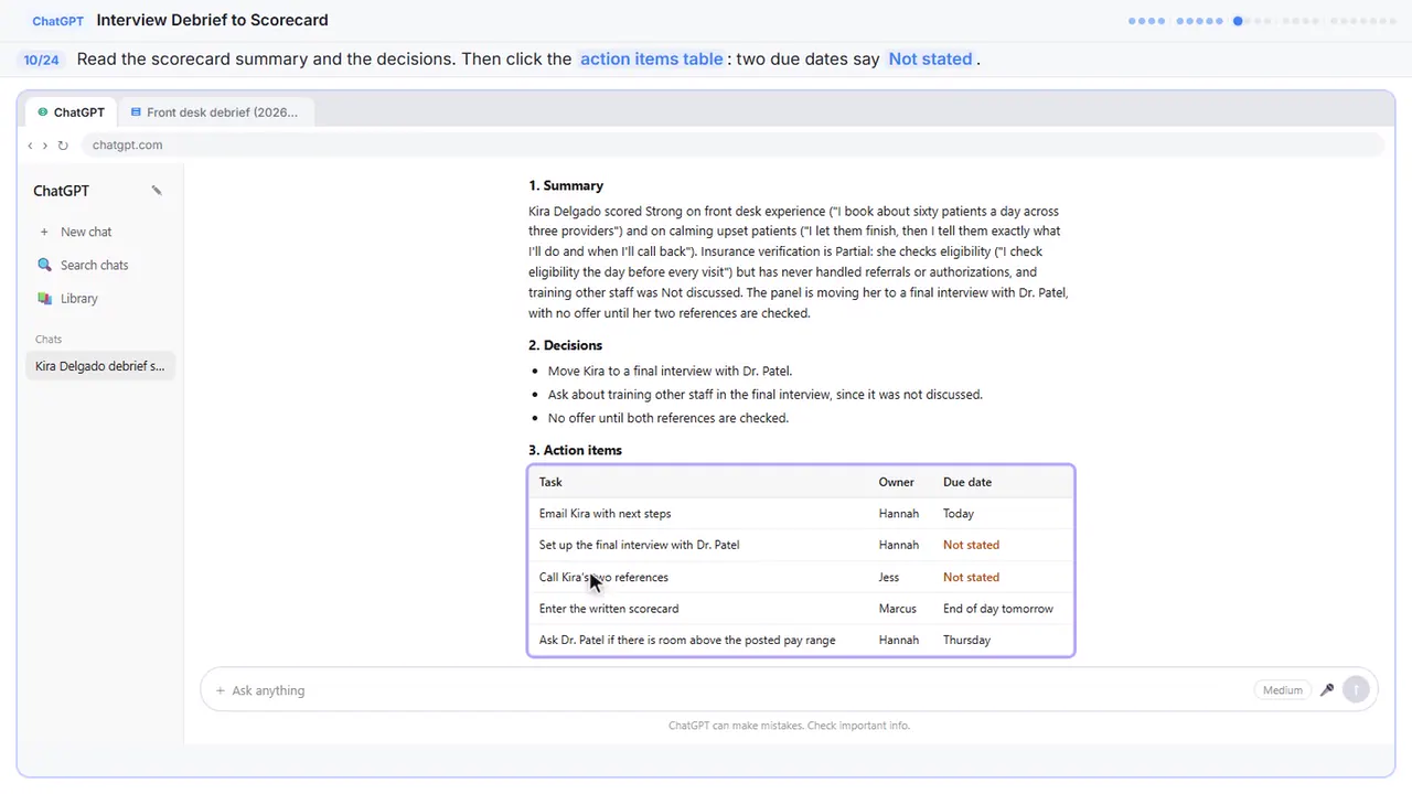 ChatGPT in Stepthrough’s practice copy, step 10 of 24 (Check the action items): the cursor is on “action items table”, highlighted.