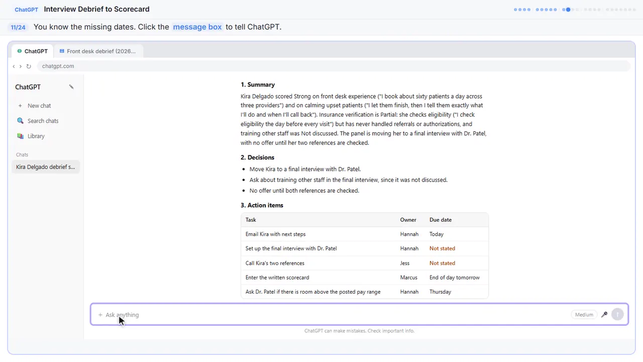 ChatGPT in Stepthrough’s practice copy, step 11 of 24 (Click the message box): the cursor is on “message box”, highlighted.