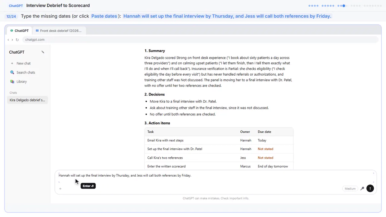ChatGPT in Stepthrough’s practice copy, step 12 of 24 (Fill in the gaps): the dates is filled in (“Hannah will set up the final interview by…”).