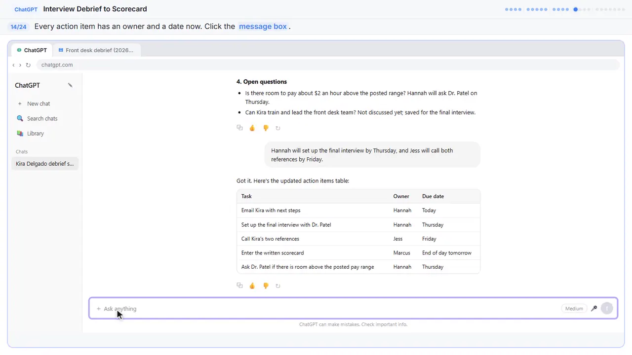 ChatGPT in Stepthrough’s practice copy, step 14 of 24 (Click the message box): the cursor is on “message box”, highlighted.