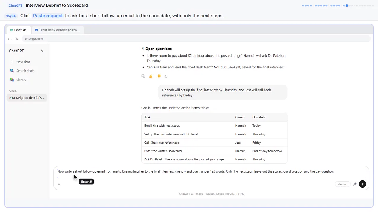 ChatGPT in Stepthrough’s practice copy, step 15 of 24 (Ask for the follow-up email): the request is filled in (“Now write a short follow-up email from me to…”).