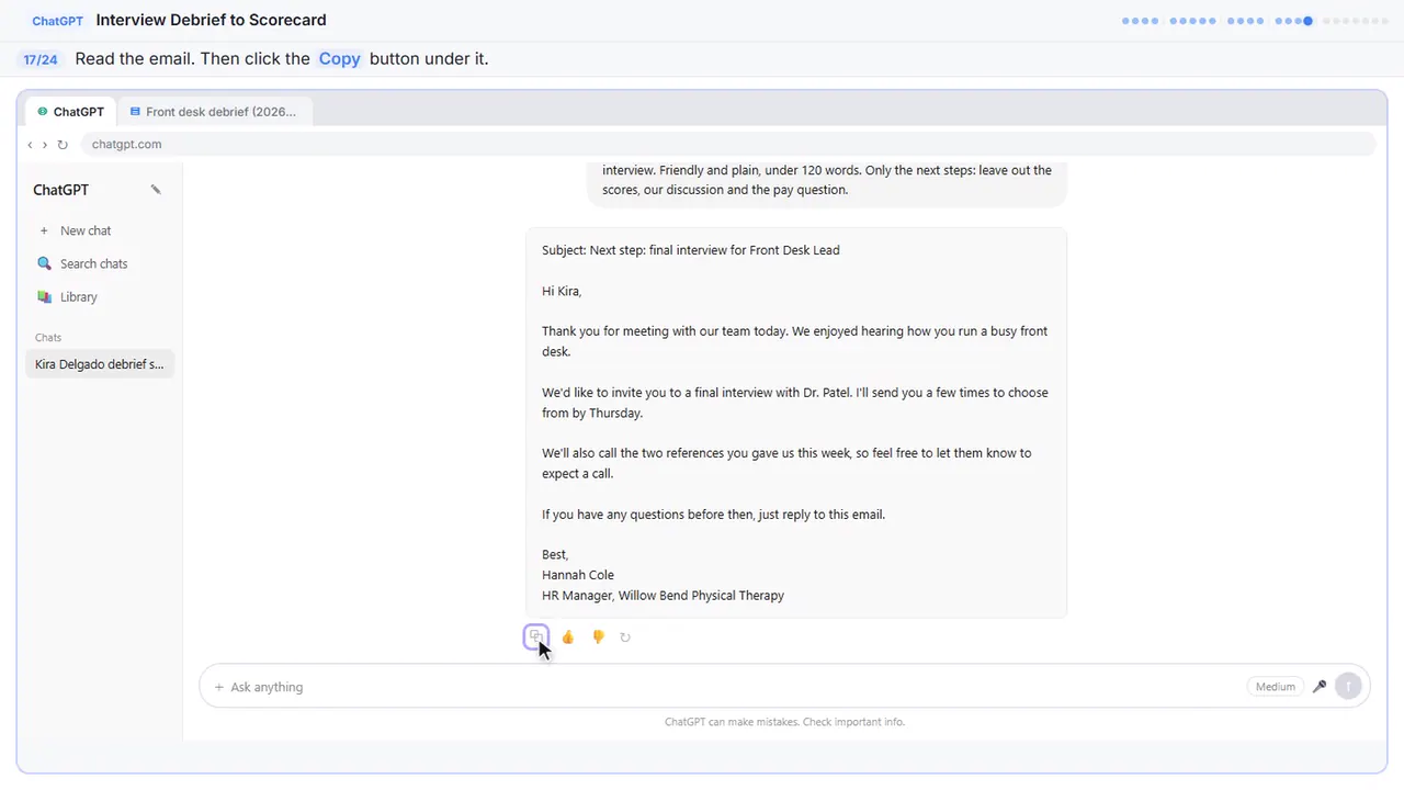 ChatGPT in Stepthrough’s practice copy, step 17 of 24 (Copy the email): the cursor is on “Copy”, highlighted.