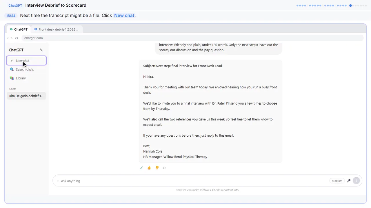 ChatGPT in Stepthrough’s practice copy, step 18 of 24 (Start a new chat): the cursor is on “New chat”, highlighted.