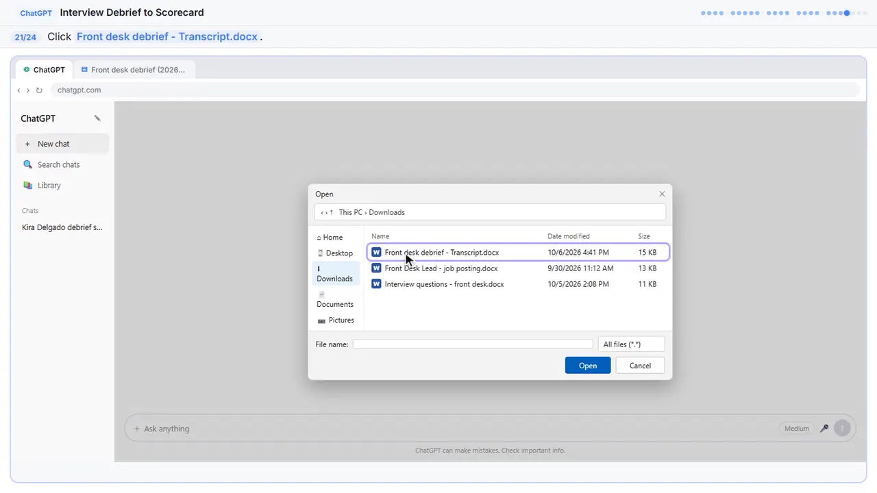 The file picker in Stepthrough’s practice copy, step 21 of 24 (Pick the transcript): the cursor is on “Front desk debrief - Transcript.docx”, highlighted.