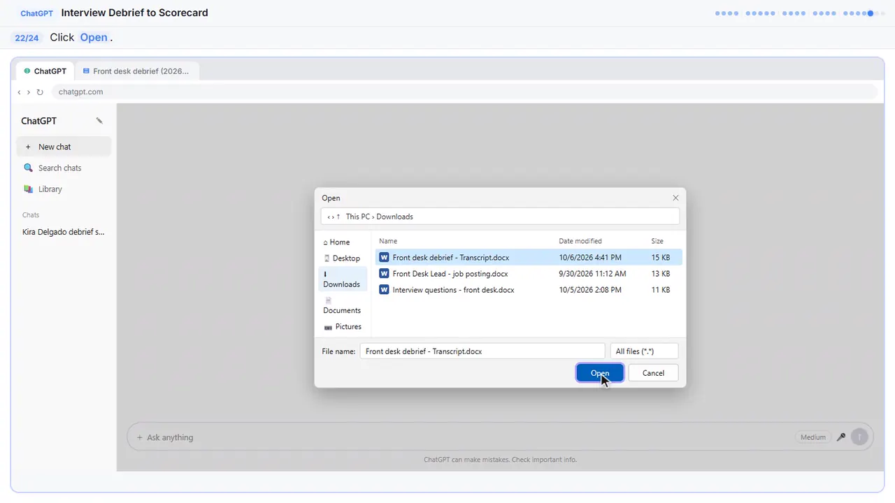 The file picker in Stepthrough’s practice copy, step 22 of 24 (Open it): the cursor is on “Open”, highlighted.