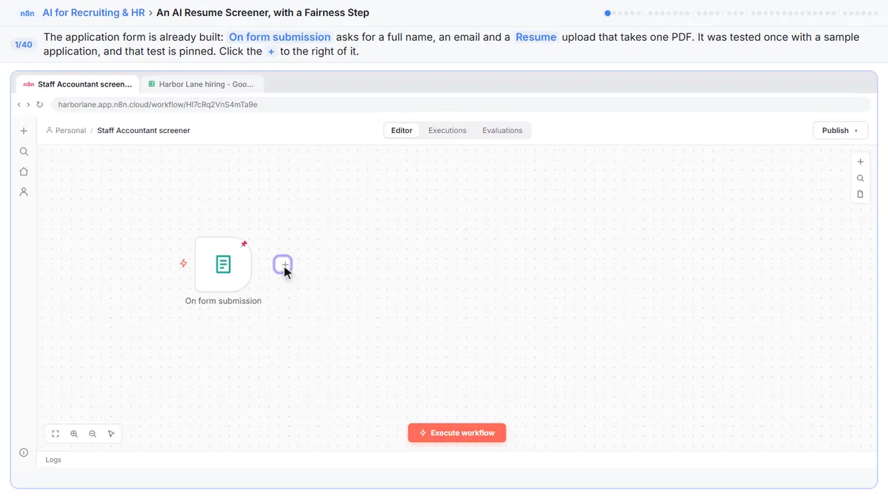The n8n workflow canvas in Stepthrough’s practice copy, step 1 of 40 (Add the next step): the cursor is on “On form submission”, highlighted.