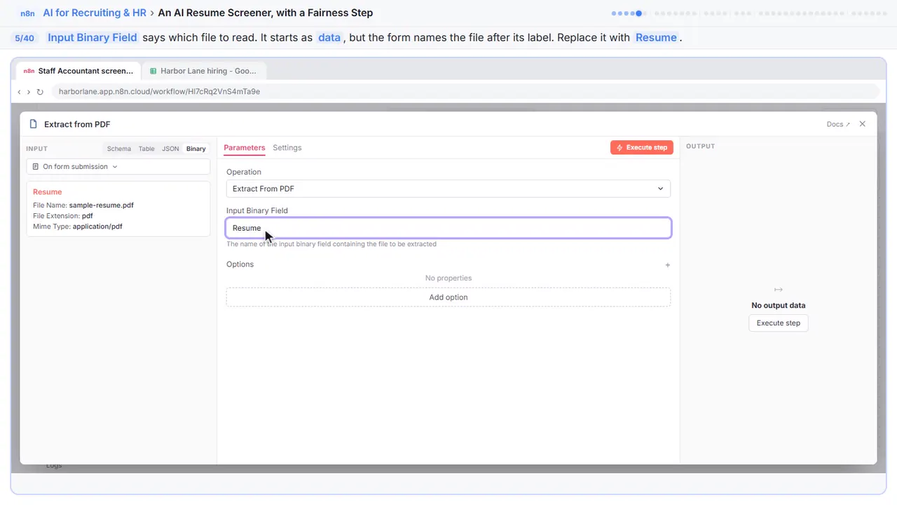 An n8n node’s settings window in Stepthrough’s practice copy, step 5 of 40 (Point it at the resume): the input binary field is filled in (“Resume”).