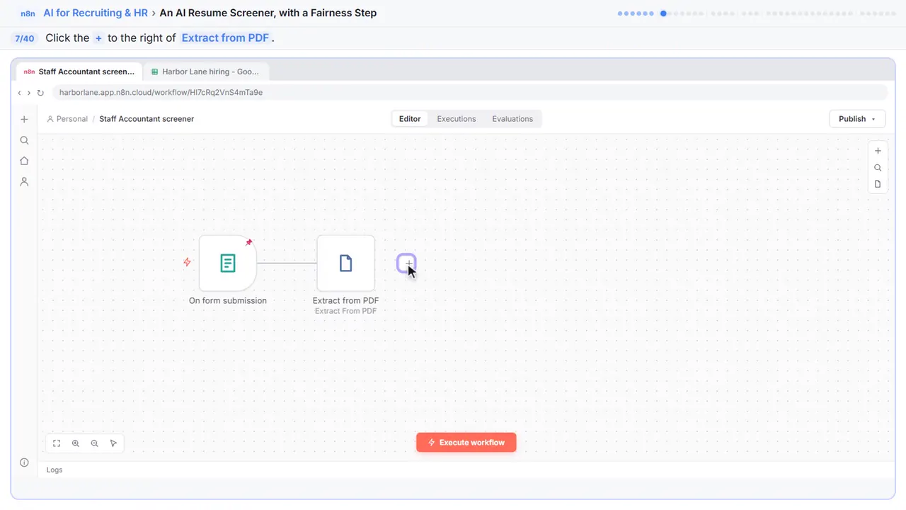 The n8n workflow canvas in Stepthrough’s practice copy, step 7 of 40 (Add the AI step): the cursor is on “+”, highlighted.