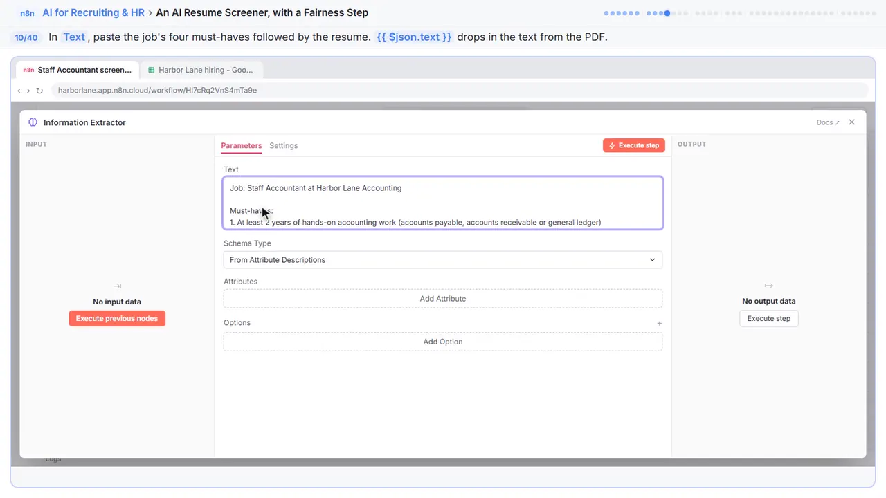 An n8n node’s settings window in Stepthrough’s practice copy, step 10 of 40 (Give it the job and the resume): the job and resume is filled in (“Job: Staff Accountant at Harbor Lane…”).