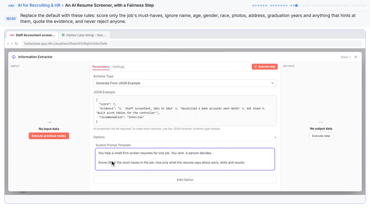 An n8n node’s settings window in Stepthrough’s practice copy, step 16 of 40 (Write the fairness rules): the fairness rules is filled in (“You help a small firm screen resumes for one…”).