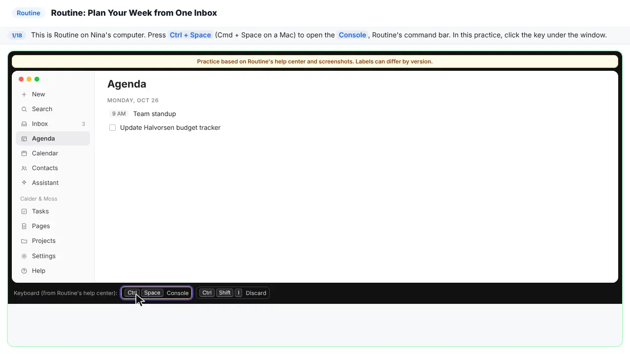 Routine in Stepthrough’s practice copy, step 1 of 18 (Open the Console): the cursor is on “Ctrl + Space”, highlighted.