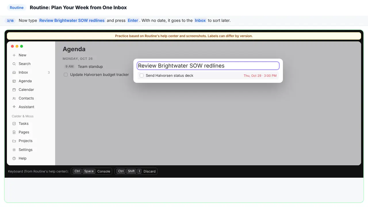 Routine in Stepthrough’s practice copy, step 3 of 18 (Capture a task with no date): “Review Brightwater SOW redlines” is typed in, highlighted.